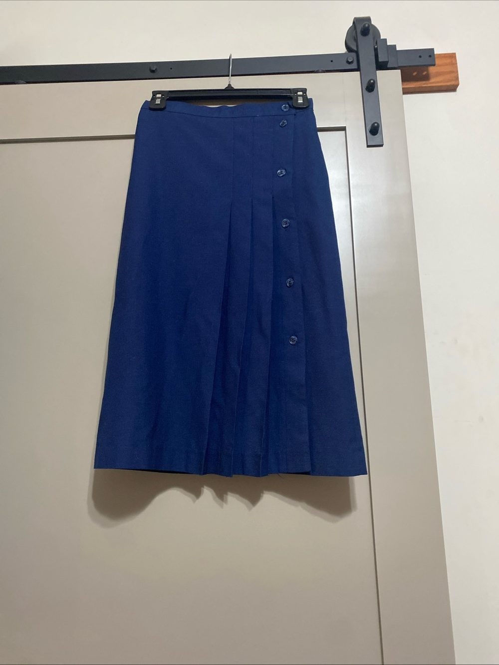 Vintage Structured Pleat Navy Midi Skirt with Side Buttons
